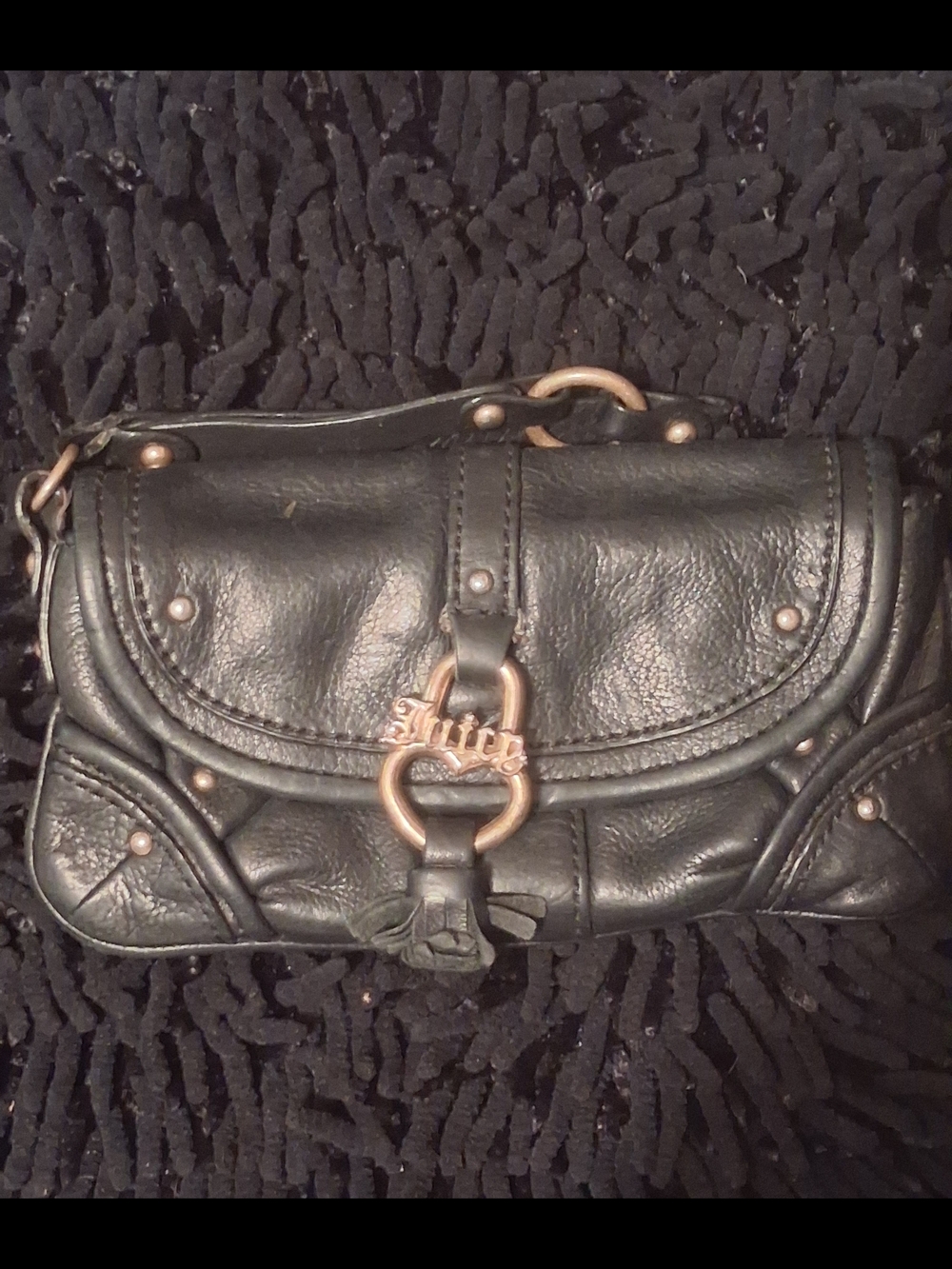 Juicy Couture Black Leather Crossbody with Gold-Tone Logo Ring,Vintage